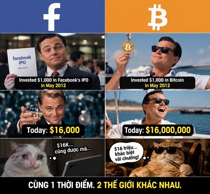 A meme contrasting investments, showing Leonardo DiCaprio invested $1,000 in Facebook's IPO in May 2012 (Today: $16,000) versus invested $1,000 in Bitcoin in May 2012 (Today: $16,000,000), with Vietnamese text reading 'CÙNG 1 THỜI ĐIỂM. 2 THẾ GIỚI KHÁC NHAU.'
