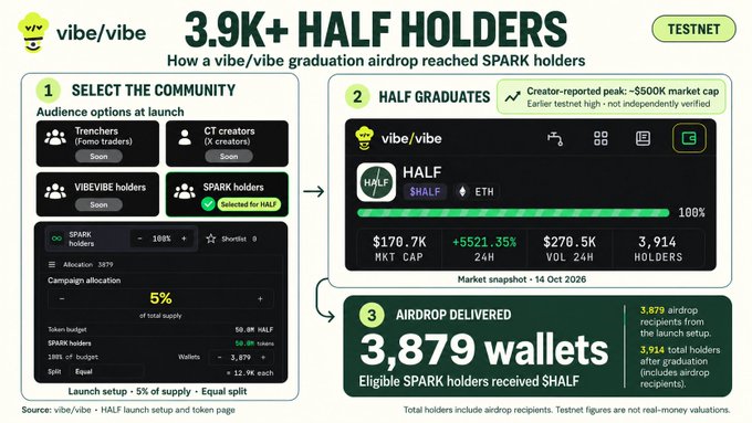 The image is an infographic from vibe/vibe titled "3.9K+ HALF HOLDERS" showing how the HALF graduation airdrop reached SPARK holders, divided into three steps: selecting SPARK holders from audience options (1), half graduates with a market cap of $170.7K and 3,914 holders (2), and the airdrop delivered to 3,879 wallets (3).