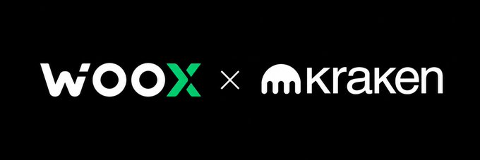 The image features the WOO X and Kraken logos separated by a "×" symbol, representing their partnership announcement in which WOO X is launching WOO X EU using infrastructure from Kraken's parent company, Payward.