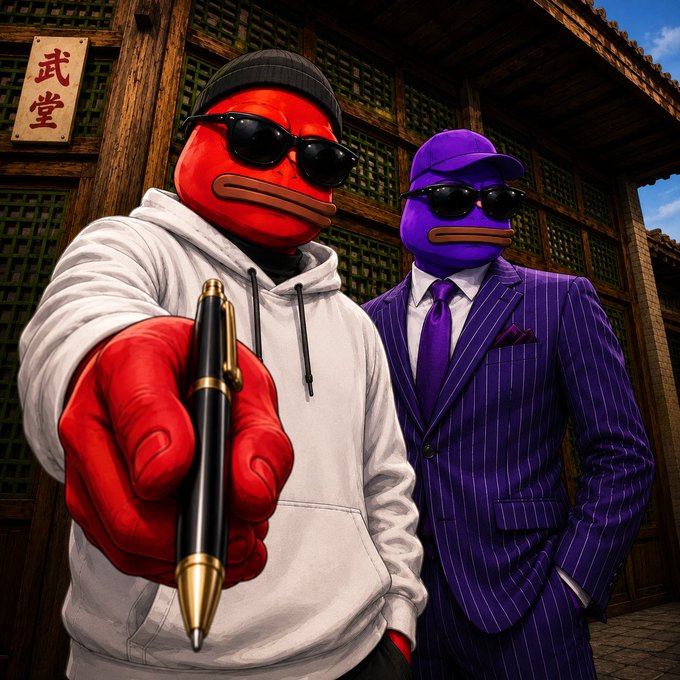 A stylized image of two figures wearing red and purple Pepe the Frog masks with sunglasses, one in a white hoodie holding a pen and the other in a purple pinstripe suit, standing in front of an Asian-style building with Chinese characters.