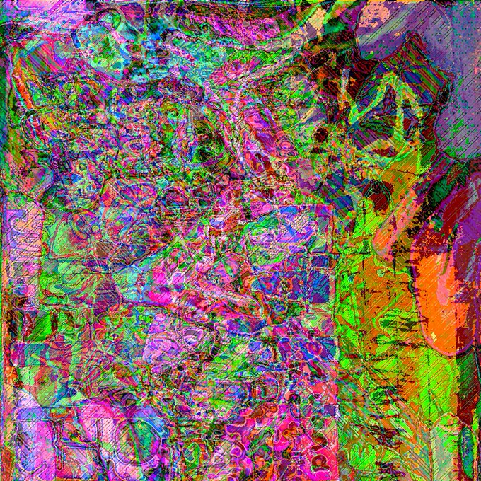 A chaotic, heavily textured abstract digital artwork with vibrant neon pink, green, orange, and purple colors overlaid with scribbled patterns.