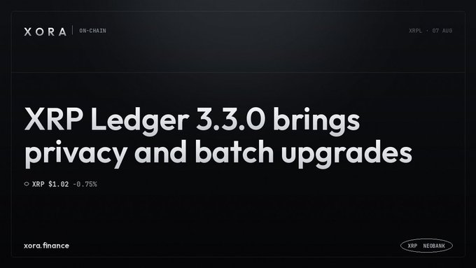 A dark themed promotional graphic from XORA on-chain dated 07 AUG reading "XRP Ledger 3.3.0 brings privacy and batch upgrades" with XRP at $1.02 (-0.75%) and xora.finance branding at the bottom.