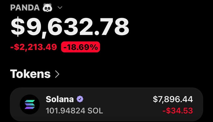 The image shows a crypto portfolio screenshot for "PANDA" displaying a total balance of $9,632.78, down $2,213.49 (-18.69%), with the main holding being 101.94824 SOL (Solana) valued at $7,896.44 (down $34.53). This serves as proof-of-holdings to support the post's claim of an upcoming large Solana airdrop, demonstrating the poster's substantial SOL bag.