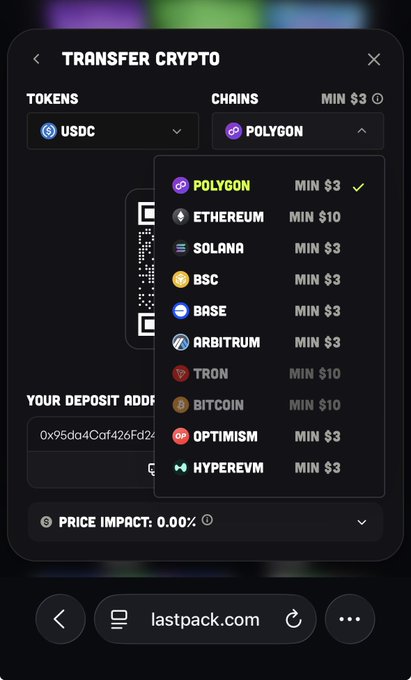 A 'Transfer Crypto' interface on lastpack.com showing USDC token selection and Polygon chain (minimum $3), with a dropdown listing Ethereum, Solana, BSC, Base, Arbitrum, Tron, Bitcoin, Optimism, and HyperEVM.