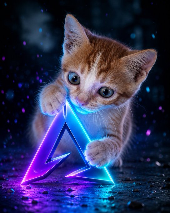 An orange tabby kitten with large eyes biting and holding a glowing neon blue and purple geometric lightning bolt symbol against a dark, particle-filled background.