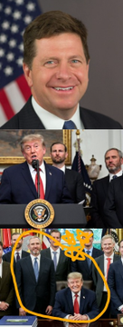 A collage featuring a smiling man in a suit above Donald Trump speaking at the White House podium, with Stephen Miller circled below.