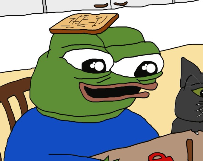 An illustration of the Pepe the Frog character wearing a blue shirt with a piece of toast on his head, sitting next to a black cat with stitches.
