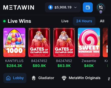 A screenshot of the MetaWin casino platform displays a "Live Wins" feed under the "24 Hours" filter, showing recent payouts such as "KANTIFLUS $284.3K," "84247452 $80.9K," "84247452 $63.9K," and "Zwaantje $40K." The image directly supports the post's claim about MetaWin's fast withdrawals by showcasing real-time proof of players successfully cashing out large five-figure winnings.