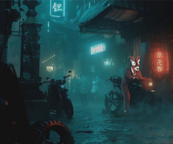 A moody, cyberpunk-style digital artwork depicting a figure wearing a fox mask sitting on a motorcycle in a rainy, neon-lit urban street scene with Asian signage including Chinese characters '銀' (silver) and '米花棒' (rice puff sticks).
