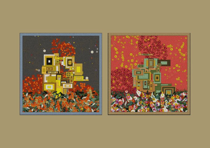 Two framed abstract artworks displayed side by side on a tan background, both featuring geometric yellow/green block structures rising from colorful floral bases, with one set against a dark starry sky and the other against a red background.