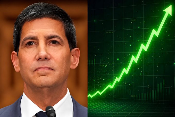 The image shows a side-by-side composition: on the left, a serious-looking man in a suit (appearing to be a public official) stands at a podium with a microphone, and on the right, a green upward-trending chart with an arrow pointing diagonally upward against a dark background. 

The graphic appears to illustrate commentary on Fed rate hike prospects, with the man's stern expression and the rising chart suggesting market implications following softer-than-expected JOLTs job openings data (7.079M) and the related shift in labor market dynamics described in the post.