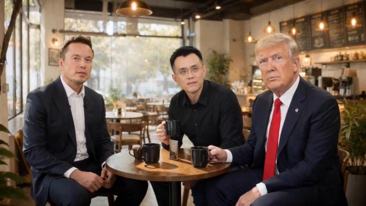 The image features three men sitting at a table, each holding a cup of coffee. They are all dressed in suits, with one man wearing glasses and two others wearing ties. The background includes a window that provides natural light into the room, as well as potted plants placed on either side of the window. There is also a sign visible in the image, which reads "比特币or美股", possibly indicating an event or gathering related to the men and their suits.