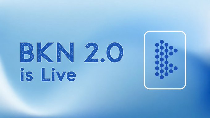 The image shows a blue gradient announcement graphic with the text "BKN 2.0 is Live" alongside Brickken's dotted "R" logo, promoting the launch of BKN 2.0 mentioned in the post.