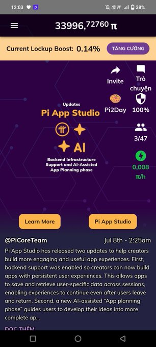 A mobile screenshot of a Pi Network app dashboard showing a balance of 33,996.72760 π, current lockup boost of 0.14%, and a post about Pi App Studio updates dated Jul 8th.