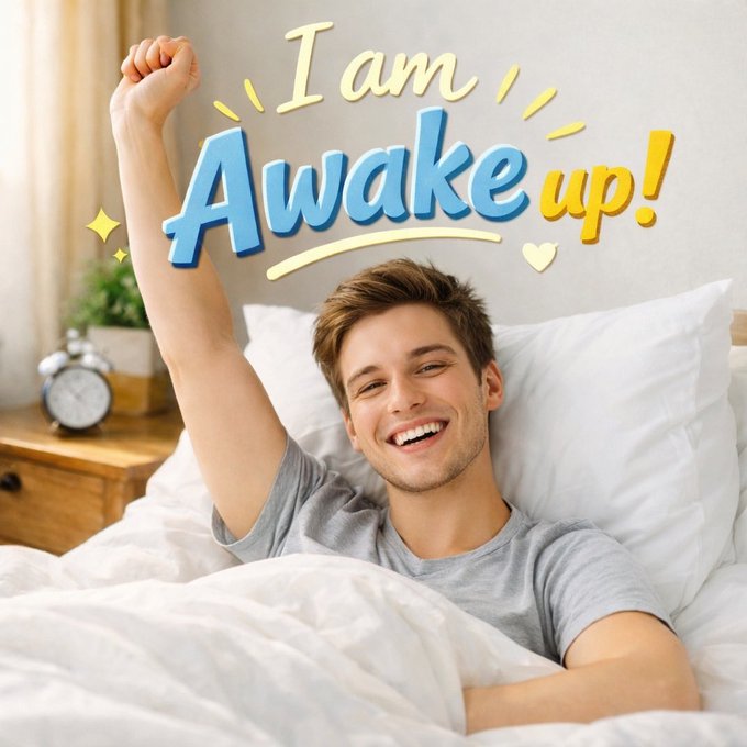A young man stretches in bed with a cheerful expression beneath the playful phrase "I am Awake up!"—a fitting visual metaphor for being alert and ready to engage, much like the post highlights the BeldexCoin CSO joining a discussion on emerging AI and digital identity topics.

(Visible text: "I am Awake up!")