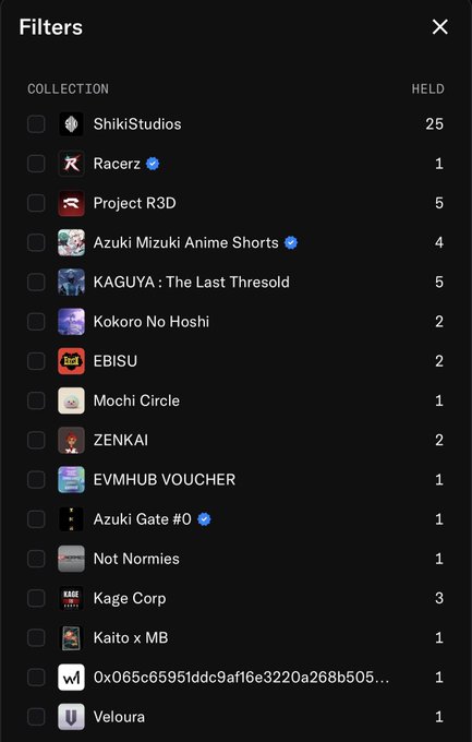 A dark-themed filter menu listing NFT collections such as ShikiStudios (25 held), Racerz (1), Project R3D (5), Azuki Mizuki Anime Shorts (4), KAGUYA: The Last Threshold (5), and others with their held quantities.