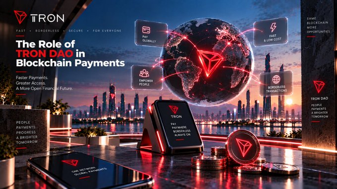 A promotional banner for 'TRON' titled 'The Role of TRON DAO in Blockchain Payments,' showing a glowing red logo on a globe surrounded by feature icons like 'PAY GLOBALLY' and 'FAST & LOW COSTS.'