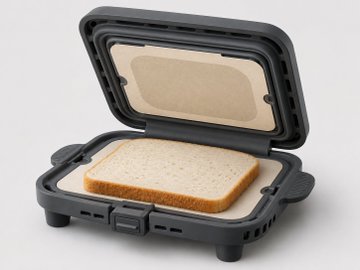A black toaster-like device with the lid open showing a single slice of bread inside, appearing to be a novelty 'bread toaster' concept product.