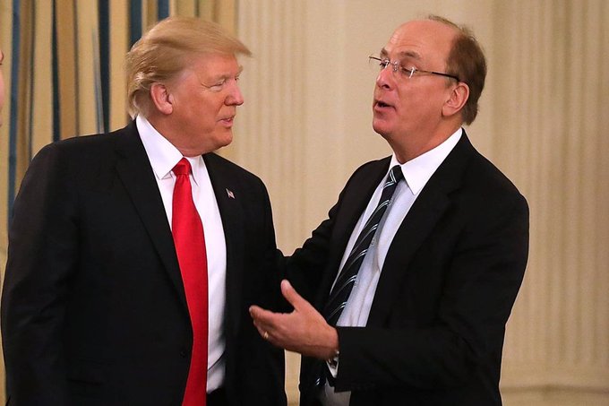 Donald Trump speaks with Larry Fink, CEO of Blackrock, as Blackrock clients invested over $1.5 billion in Bitcoin and Ethereum ETFs this week. This image visually represents the connection between powerful figures in finance and the figures mentioned in the post.