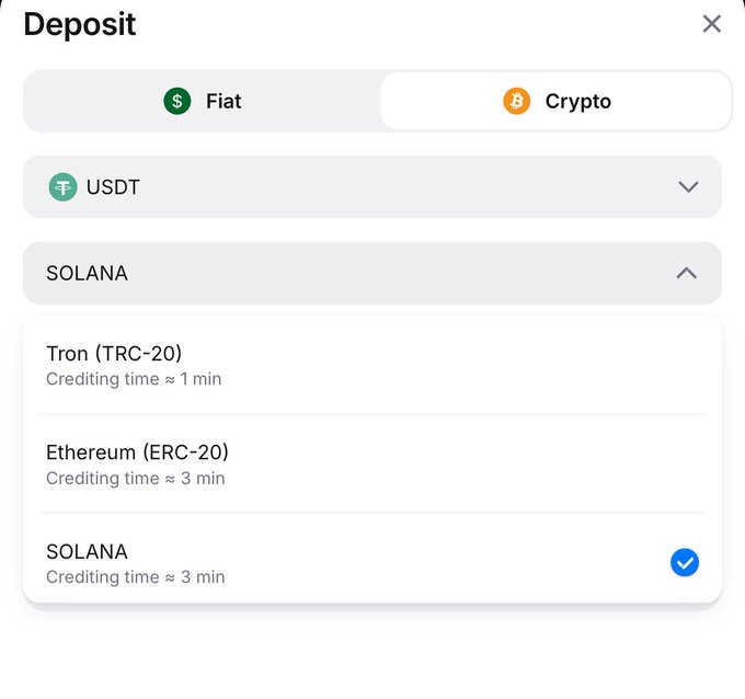 A crypto deposit interface showing the 'Crypto' tab selected with USDT, and options for Tron (TRC-20), Ethereum (ERC-20), and Solana networks.