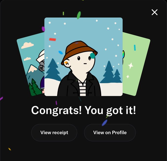 A celebratory pop-up displays "Congrats! You got it!" featuring a cartoon character wearing a brown bucket hat and black jacket on a wintery card, with "View receipt" and "View on Profile" buttons below. The image accompanies a "5x from here" post, suggesting the user has successfully acquired or completed a significant achievement, likely in a collectible or NFT-based platform.