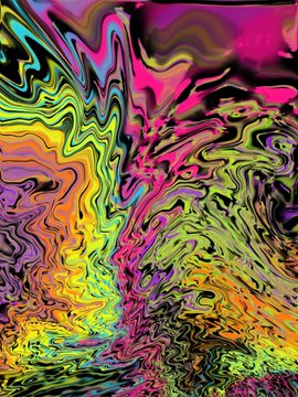 An abstract, highly saturated image featuring swirling, fluid-like patterns in neon pink, green, yellow, and blue.