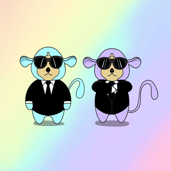 An illustration of two cartoon monkeys wearing sunglasses and black business suits against a pastel rainbow gradient background.