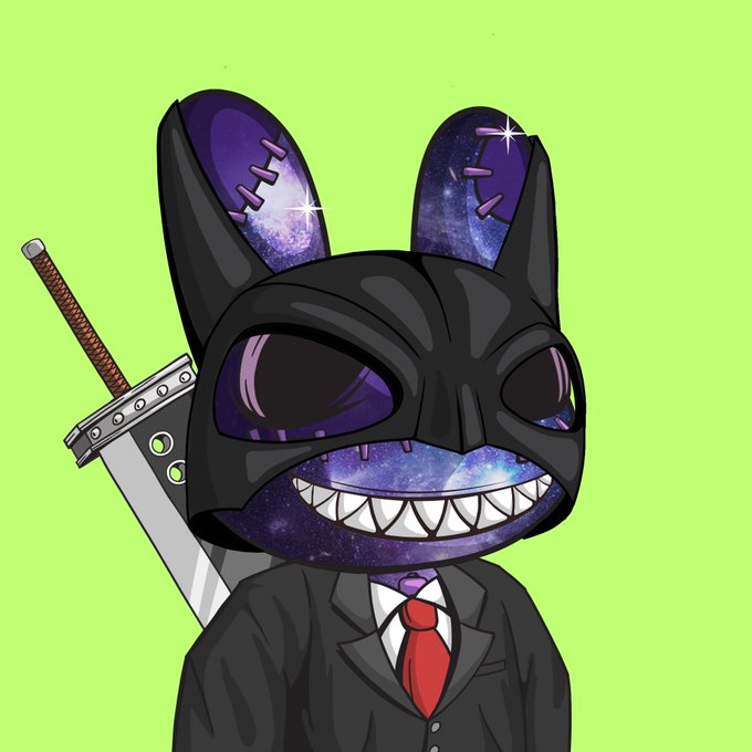 An illustration of a black-hooded character with a galaxy-patterned face, sharp teeth, and a red tie carries a sword on its back against a lime green background.