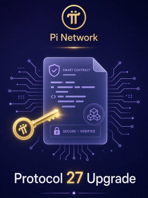 A promotional graphic for 'Pi Network' announcing a 'Protocol 27 Upgrade,' featuring a digital illustration of a smart contract document secured with a golden Pi Network key.