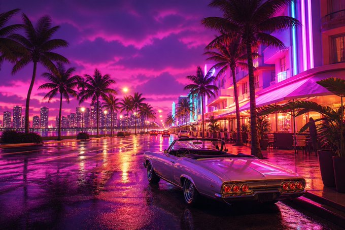 Vibrant neon-lit cityscape at twilight featuring a classic convertible car parked on a wet street lined with palm trees, glowing buildings, and a dramatic pink and purple sky.