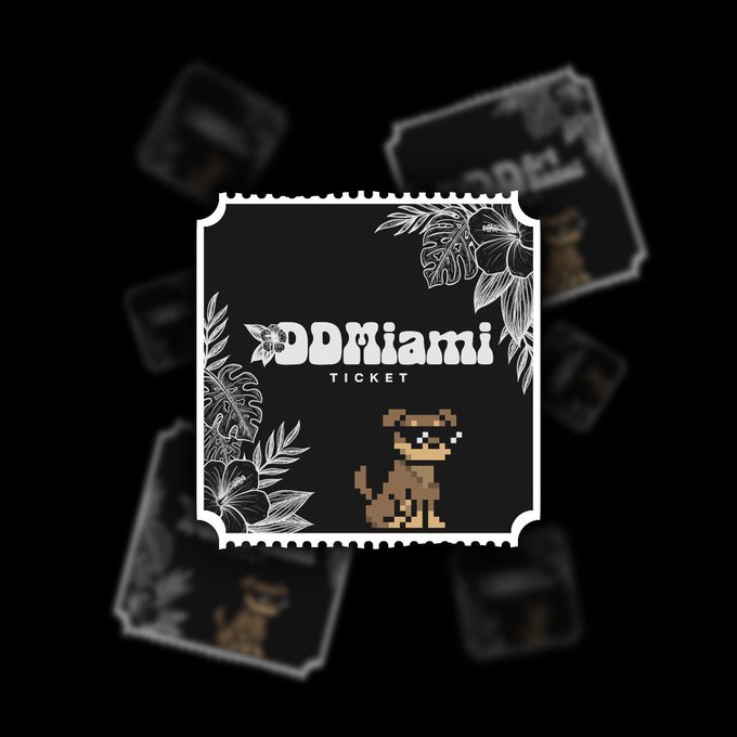 A black stamp-style ticket design with white floral illustrations and a pixel art brown dinosaur, branded 'DDMiami Ticket'.