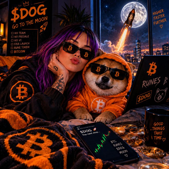 An AI-generated crypto-themed image features a purple-haired woman in Bitcoin shades posing with a Shiba Inu dog in a Bitcoin hoodie, surrounded by '$DOG GO TO THE MOON' signs, rockets, and Bitcoin memorabilia.