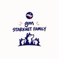 A logo graphic with stylized text reading 'gm STARKNET FAMILY' featuring a small purple character/mascot illustration with a playful speech bubble design.