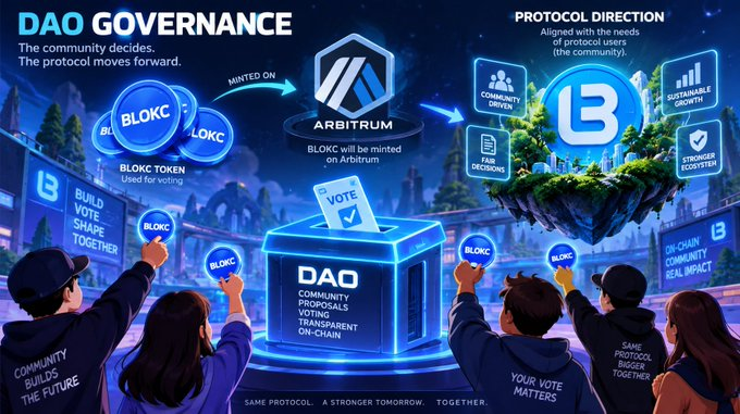 A "DAO Governance" infographic explaining Arbitrum/BLOKC token voting, protocol direction, and on-chain community impact with a futuristic blue cityscape and people holding BLOKC voting tokens.