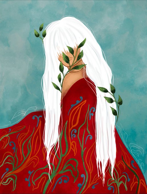 An artistic illustration depicts a figure with long flowing white hair obscuring their face, wearing a vibrant red garment adorned with orange, green, and blue decorative leaf-like patterns against a teal background.