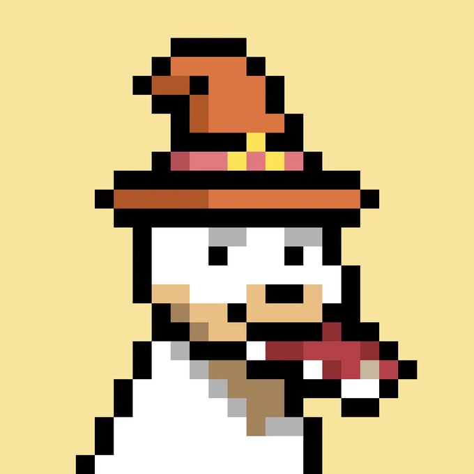Pixel art character wearing an orange wide-brimmed hat and white outfit, holding what appears to be a red item, against a beige background.