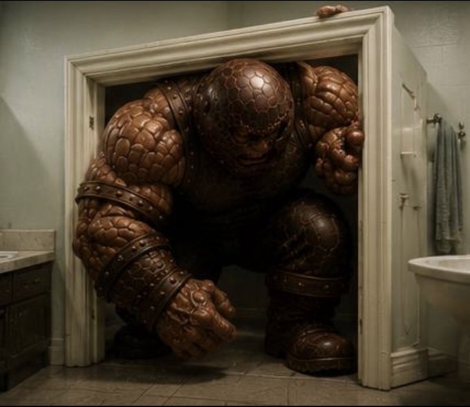 A massive, stone-skinned juggernaut monster crouches within a cramped bathroom doorway, its hulking frame barely fitting through the frame. The image visually plays on the $Juggernaut ticker, depicting a literal unstoppable force squeezing into an impossibly small space—much like holders weathering relentless pressure.