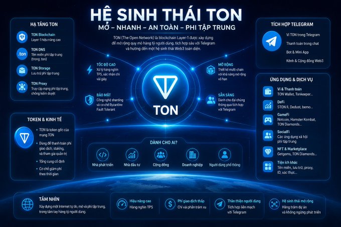 An infographic titled 'HỆ SINH THÁI TON' detailing the TON blockchain ecosystem, with sections like 'HẠ TẦNG TON', 'TOKEN & KINH TẾ', and 'TÍCH HỢP TELEGRAM'.