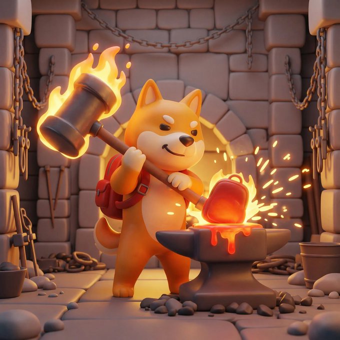 A 3D-rendered illustration of a cute Shiba Inu dog character working as a blacksmith in a stone forge, swinging a fiery hammer over a glowing anvil.