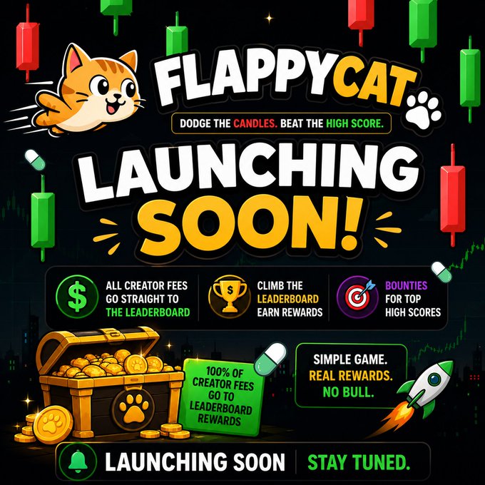 The image features a cartoon cat with its paw raised, as if ready for action or victory. Below the cat's paw, there are several coins scattered around, possibly representing points or rewards within the game. The background of the image is black, which contrasts nicely with the colorful coins and the cat's paw. In the top right corner of the image, there is a banner that reads "Flappy Cat Launching Soon!". This suggests that the game is about to launch soon, and players should be prepared for an exciting gaming experience.