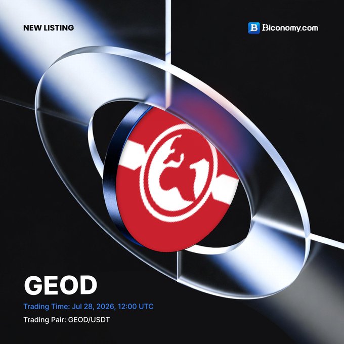 A 'NEW LISTING' promotional graphic from Biconomy.com for GEOD token, showing trading pair GEOD/USDT with a trading time of Jul 28, 2026, 12:00 UTC and a 3D red-and-white logo.