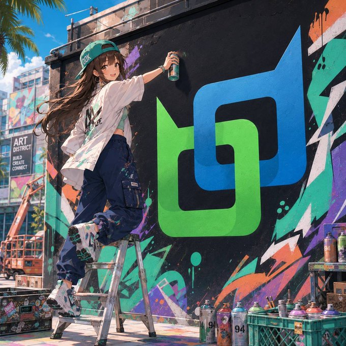 Anime-style illustration of a female street artist wearing a green 'ZION' cap and white shirt, standing on a ladder while spray-painting a mural with a green and blue logo, with an 'ART DISTRICT' sign visible in the background.