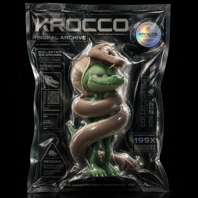A collectible toy package labeled 'KROCCO SIGNAL ARCHIVE' features a green crocodile figurine wrapped by a brown cobra inside clear plastic packaging marked as 'LIMITED SPECIMEN' with a warning label.