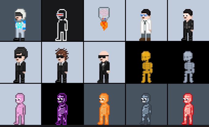 The image features a grid of twelve different cartoon characters, each wearing unique outfits and poses. There are two rows of four characters each, with three columns for each row. The characters include a man dressed as a businessman, a woman in a suit, an orange skeleton, a purple skeleton, a yellow skeleton, a black skeleton, a pink skeleton, a blue skeleton, a red skeleton, a gray skeleton, and a green skeleton. Each character has their own distinct appearance and pose, creating a diverse and interesting collection of cartoon characters.