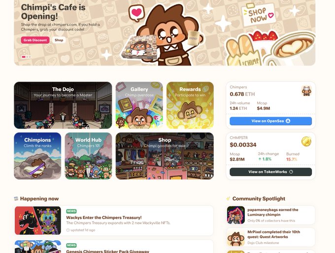 Chimpers NFT project website featuring a 'Chimpi's Cafe is Opening!' banner, navigation tiles for The Dojo, Gallery, Rewards, Chimpions, and World Hub, with the CHIMPERS token showing 0.678 ETH (24h volume 1.24 ETH, Mcap $4.9M) and CHIMPSTR showing $0.00334.