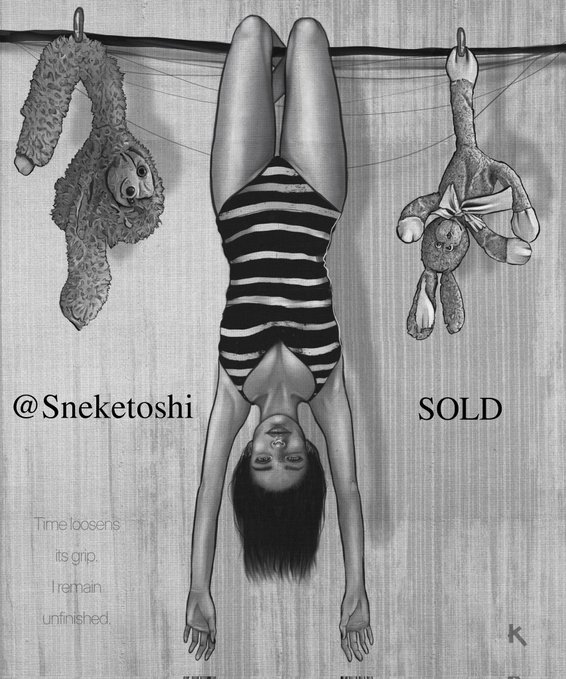 The image features a woman doing a handstand, with two stuffed animals hanging from her shoulders - a teddy bear and a bunny. The caption of the image reads "Sneketoshi sold me this picture" which suggests that someone has purchased the artwork featuring the woman in the handstand pose.