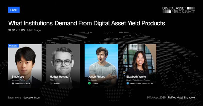 A conference panel slide titled 'What Institutions Demand From Digital Asset Yield Products' scheduled for 10:30 to 11:00 on the Main Stage, featuring moderator Steve Lee (Neoclassic Capital), Hunter Horsley (Bitwise), Jacob Phillips (Lombard), and Elizabeth Yenko (New York Life Investment M) at the Digital Asset Yield Summit on 6 October 2026 at Raffles Hotel Singapore.