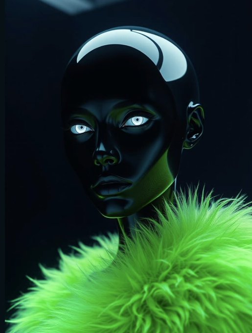 A 3D rendered artwork features a glossy black mannequin-like head with striking white eyes, draped in a voluminous bright green faux fur collar.