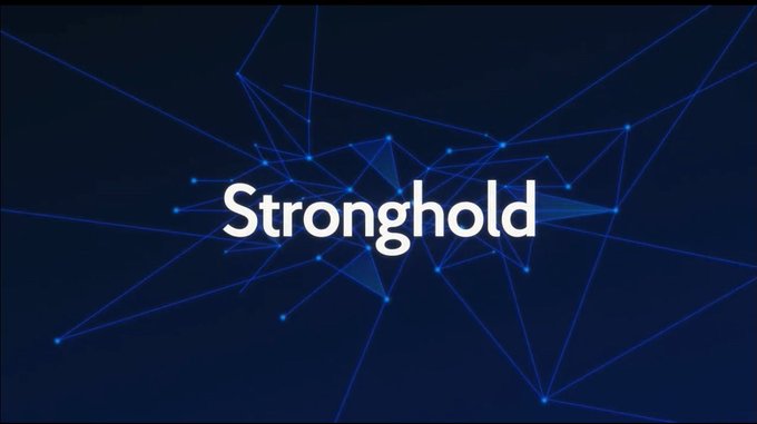 The image displays the word "Stronghold" in bold white text against a dark background with a network of blue interconnected lines and dots, suggesting a digital or cryptocurrency-related theme. This aligns with the post claiming "$XLM beats everything hands down," likely referencing Stellar (XLM) cryptocurrency and Stronghold, a financial platform known for its digital asset services.