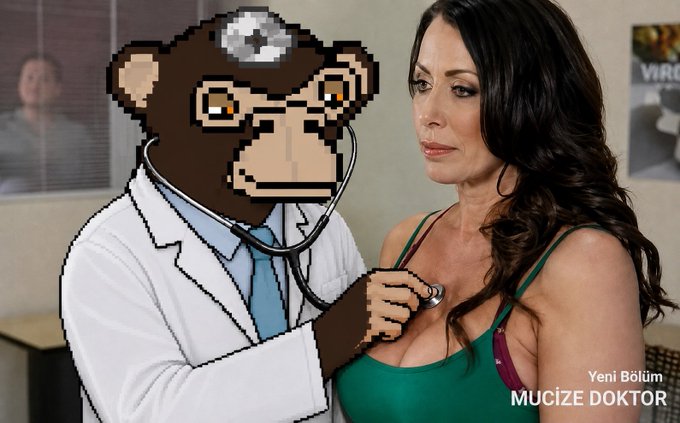 A pixelated cartoon monkey dressed as a doctor uses a stethoscope on a woman in a green tank top, with Turkish text reading 'Yeni Bölüm MUCİZE DOKTOR' (New Episode Miracle Doctor).